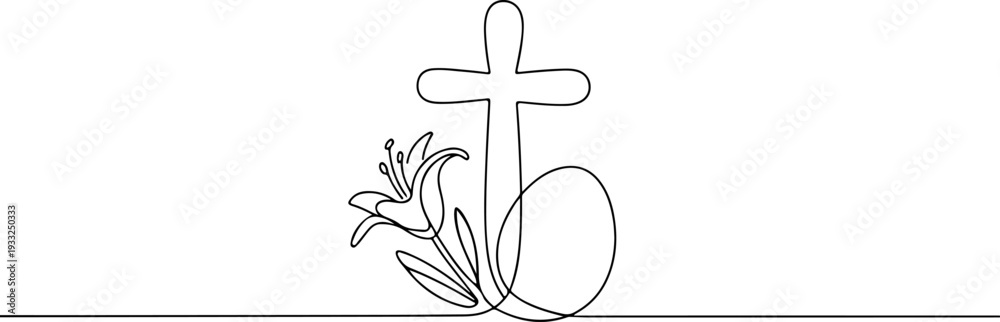 Fototapeta premium Easter celebration illustration featuring cross, egg, and flowers in a simple line art style