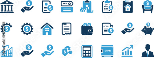 Finance icons, banking, payments, savings, investments, taxes, housing, wallet, piggy bank, calculator, business, economy, money, credit card, mobile payment, receipts