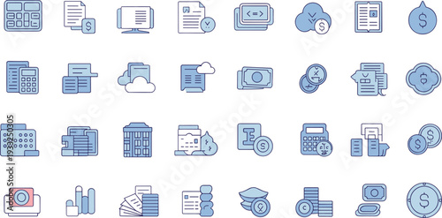 Finance icons, accounting symbols, business graphics, financial management vector set, money illustrations, budget planning, tax, audit, compliance, investment, savings
