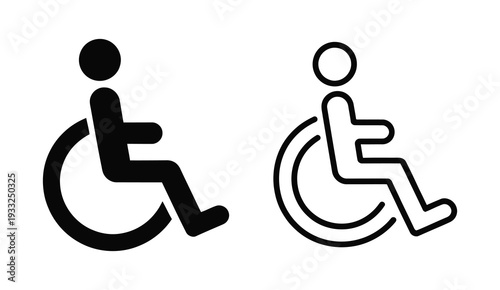 Disabled and accessibility icons collection, wheelchair and handicap symbols, mobility aid and impairment vector graphics, clean modern flat style isolated on white background for inclusive design.