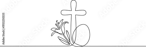 Easter celebration illustration featuring cross, egg, and flowers in a simple line art style
