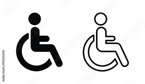 Wheelchair icon set, handicapped, accessible, mobility and impairment symbols, disabled person sign on white background, handicap accessibility vector illustration for public facilities and design.