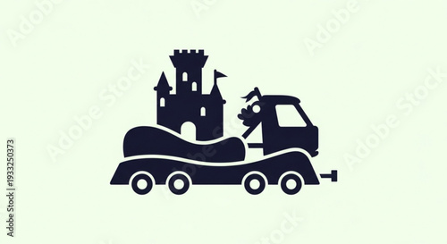 Silhouette of a truck transporting a castle on a trailer on transparent background