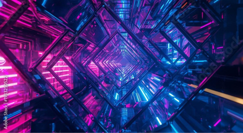 Vibrant neon tunnel with futuristic blue and pink lights