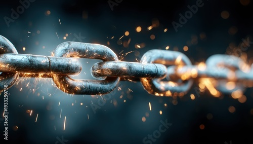 Industrial metal links are illuminated by intense, glowing sparks against a dark background