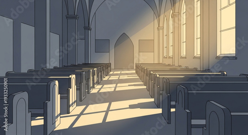 Empty church interior with rows of pews and sunlight streaming through stained glass windows on transparent background