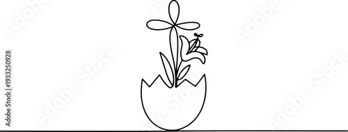 A minimalist line art illustration of a flower blooming from an eggshell, symbolizing new life and renewal in a simple yet powerful visual statement from a front viewpoint