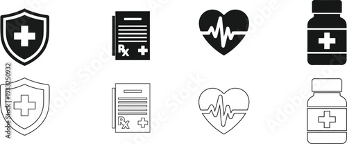 Clean outline insurance icon set covering protection, policy, claim, health, life, home, line stroke vector collection