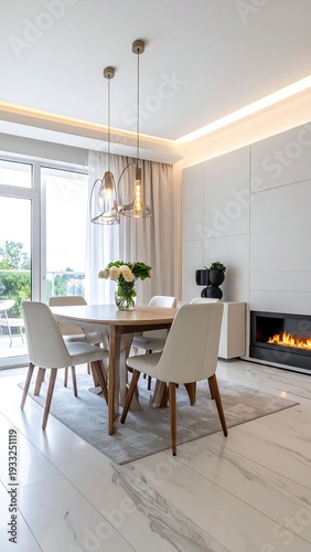 Bright dining room with table, chairs, flowers, fireplace, and pendant lights on white marble floor