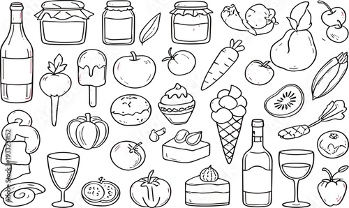 Hand drawn food and drink doodle vector set with fruits, vegetables, wine bottles, desserts and grocery icons collection