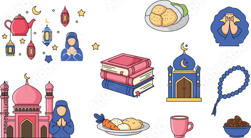 Ramadan Kareem Islamic vector set with mosque, lanterns, Quran books, prayer, dates, tea and traditional food illustrations