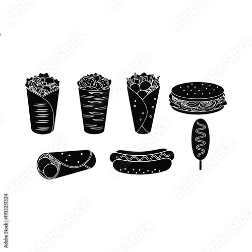 Black and white illustration of various fast food items arranged together