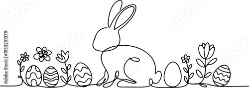 A minimalist illustration of a rabbit surrounded by eggs and flowers sitting on the ground from a side view