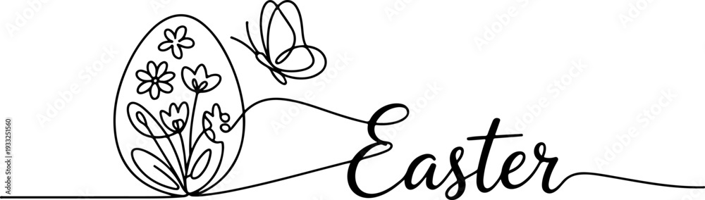 Obraz premium Continuous line drawing of Easter egg with butterfly and flowers on transparent background