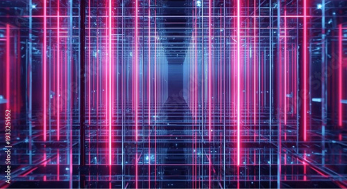 Vibrant neon grid with pink and blue lights in futuristic digital landscape