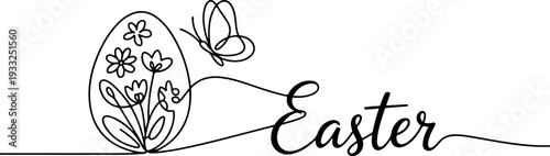 Continuous line drawing of Easter egg with butterfly and flowers on transparent background