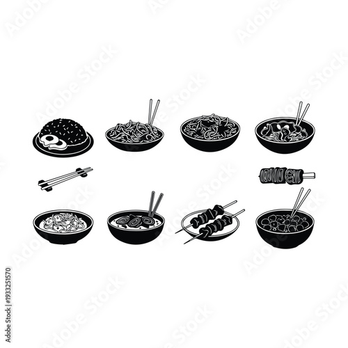 Assorted asian food illustrations including noodles rice and grilled skewers