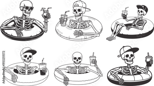 Summer vacation skeletons enjoying leisure time by the pool in warm weather