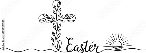 Christian cross with blooming flowers and Easter text with sunrise in the background illustration