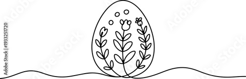 A blooming flower in an egg shell on the ground simple line art illustration