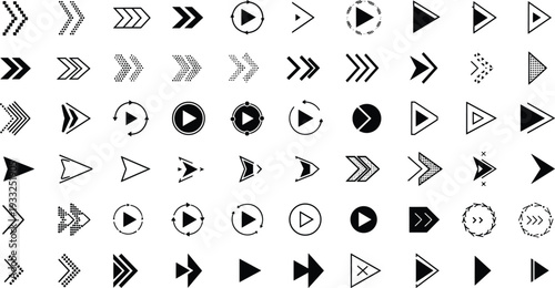 Set of modern play button and arrow icons collection black media navigation symbols vector illustration