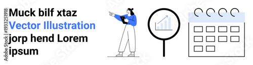 Woman holding clipboard pointing at projected data, magnifying glass focusing on graph, calendar symbolizing planning. Ideal for analysis, strategy, project management, planning, scheduling