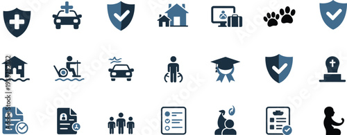 Insurance icons, healthcare, family, education, property, flood, disability, vehicle, life, document, secure, protection, shield, baby, graduation, checklist