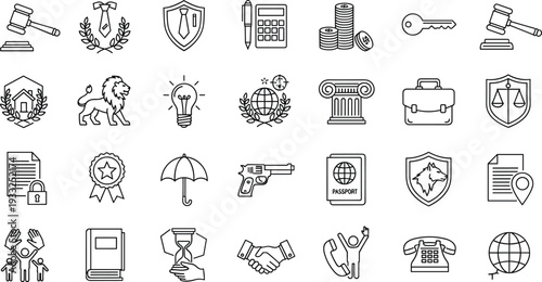 Law icons, business symbols, finance elements, education tools, global affairs, communication signs, gavel, shield, handshake, document, phone, globe