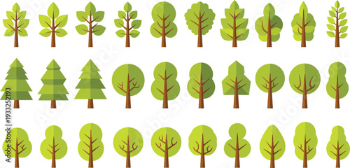 Flat tree collection with green deciduous and pine trees, forest nature icons set isolated on white background