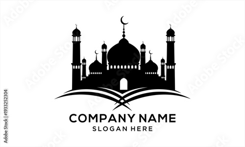 Elegant Mosque Silhouette with Crescent Moon and Holy Book Design.