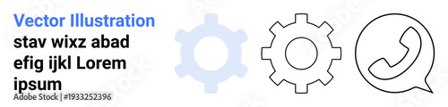 Communication, technology projects, business workflows, customer support, engineering design, teamwork ideas. Black and blue gear icons and a speech bubble phone icon. Communication and technology