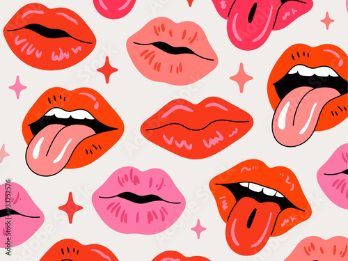 Vibrant Red and Pink Lips with Tongues Sticking Out Seamless Pattern mouth