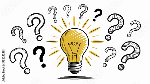 Yellow light bulb radiating light surrounded by hand drawn question marks white background