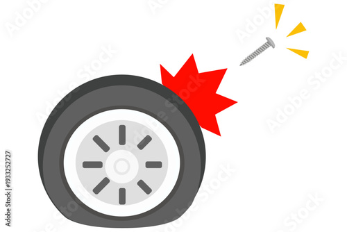 釘が刺さったパンクタイヤのフラットイラスト
