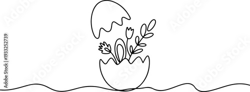 A broken eggshell with flowers and leaves emerging from it, depicted in a simple line art style on a plain background from a straightforward viewpoint