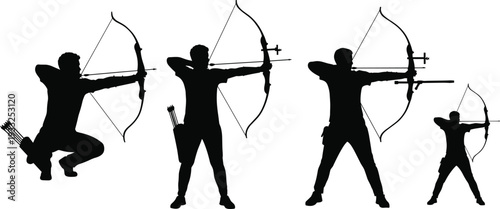Archery silhouette collection, archer aiming with bow, sports training vector, precision shooting posture, hunting stance design, archery athlete action, competitive archery position illustration