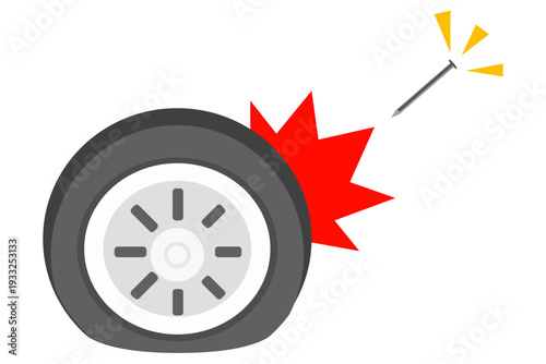 ネジが刺さったパンクタイヤのフラットイラスト