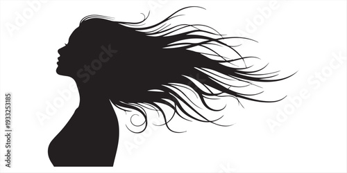 Elegant silhouette of a woman in profile with long flowing hair blowing in the wind isolated on a plain white background for beauty.