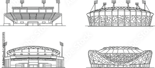 Stadium elevation drawings, modern sports arena architecture, detailed CAD outline, front view design, vector line art for presentation, blueprint