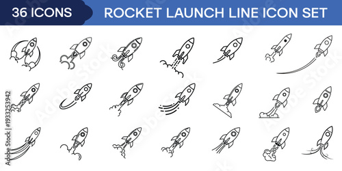 Rocket Launch Line Icon Set Vector Collection, Startup Business Growth and Space Ship Takeoff Outline Symbols with Motion Trails and Smoke Effects for App UI, Web Design and Technology Branding