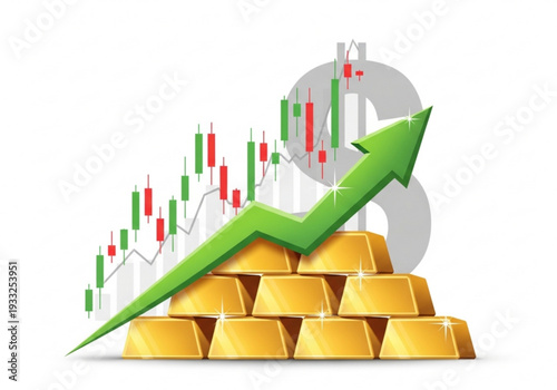 Gold price growth chart with rising arrow and shiny bullion
