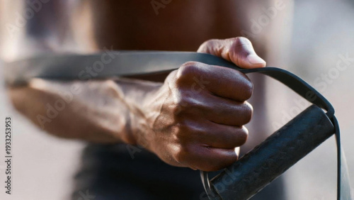 Wallpaper Mural Close-up of a muscular hand gripping a resistance band handle during an intense workout session Torontodigital.ca