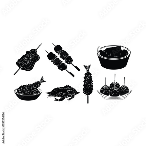Black and white illustration of various japanese seafood and meat skewers