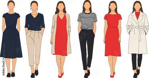 Stylish women wearing modern fashion outfits, casual and formal wear, seasonal wardrobe ideas, elegant trendy looks, fashion illustration for style guide, clothing design concept