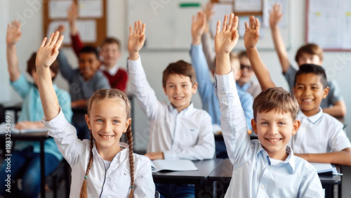 Wallpaper Mural Diverse group of smiling elementary school children raising hands in a classroom setting Torontodigital.ca