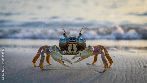 Wallpaper Mural Close-up of a ghost crab on a sandy beach with waves in the background at sunset Torontodigital.ca