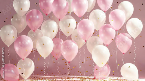 Wallpaper Mural Festive pink and white balloons float with golden confetti for a celebration Torontodigital.ca