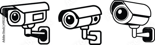 Surveillance camera icon set, black and white security camera vector, modern CCTV system design, home safety equipment, digital monitoring graphic
