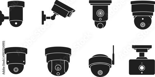 Surveillance camera icon set, vector cctv illustration, security system silhouette, black camera symbol, wall mount design, flat style graphic