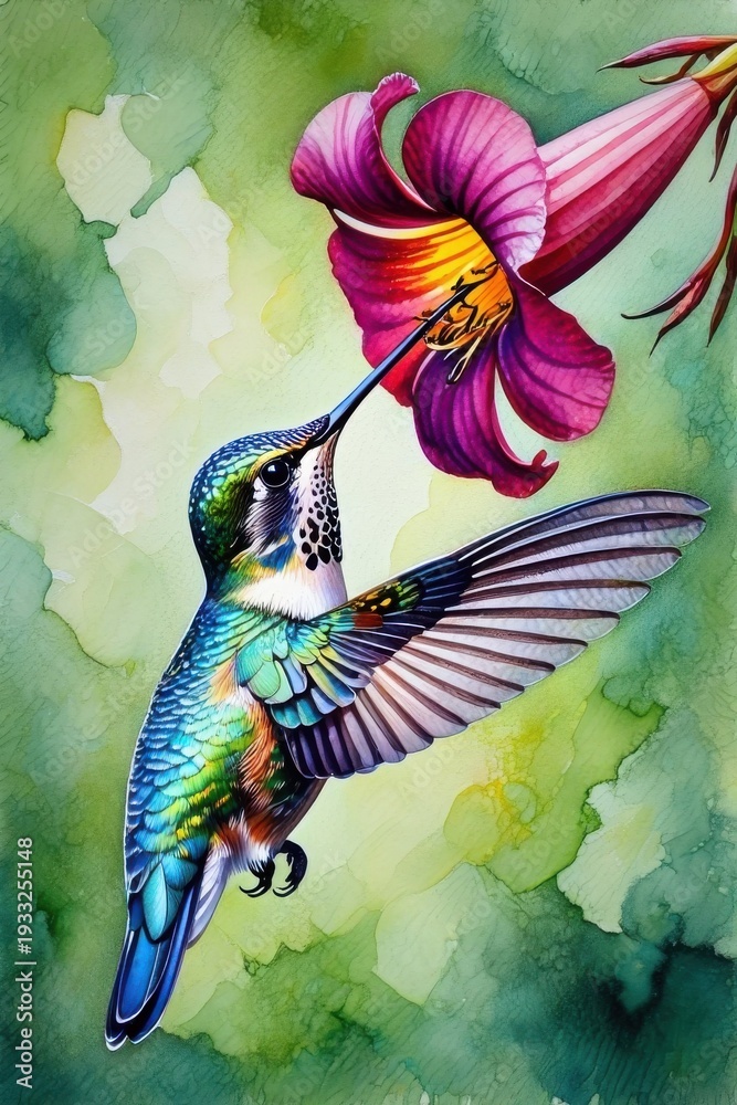 Fototapeta premium Hummingbird Sipping Nectar from a Lily